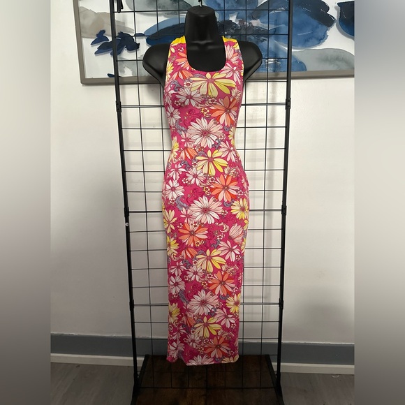 Pink Floral Cut Out Yellow Self Tie Back Closure Midi Dress - Picture 7 of 15